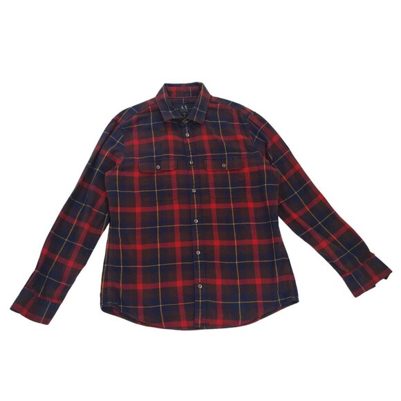 Armani Exchange Red & Navy Plaid Button-Up Flannel Shirt L/S Mens Size L Cotton - Picture 1 of 7